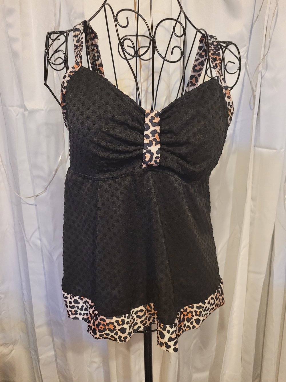 Amazon Women’s Black Tankini Top with Leopard Trim